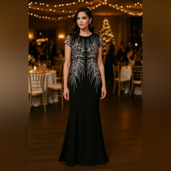 Adrianna Papell Dresses & Skirts - Adrianna Papell Black Sequin Beaded T-Shirt Gown – Sz 2P (Excellent Condition)